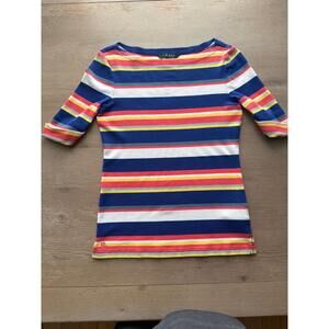 LAUREN Ralph Lauren Womens S P Navy Multi Striped Boat Neck 1/2 Sleeve Tee